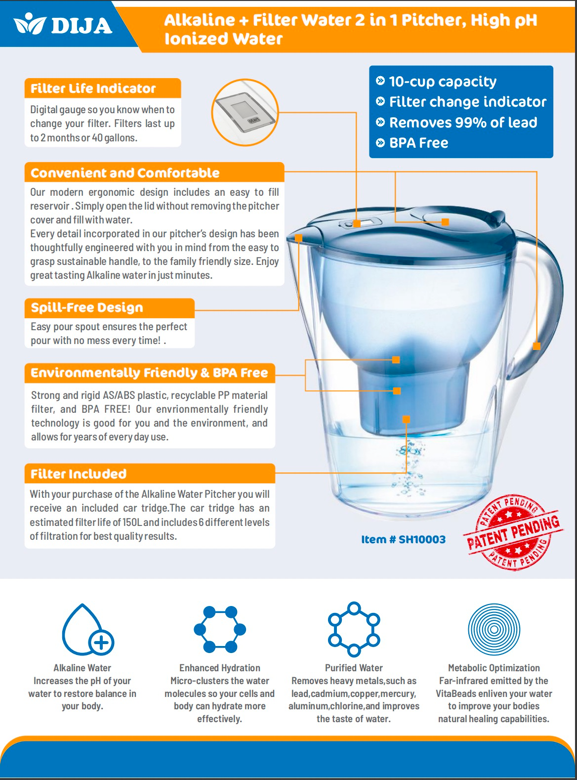 DIJA Clear Alkaline + Electolytes Water Filter Pitcher 3.5 L