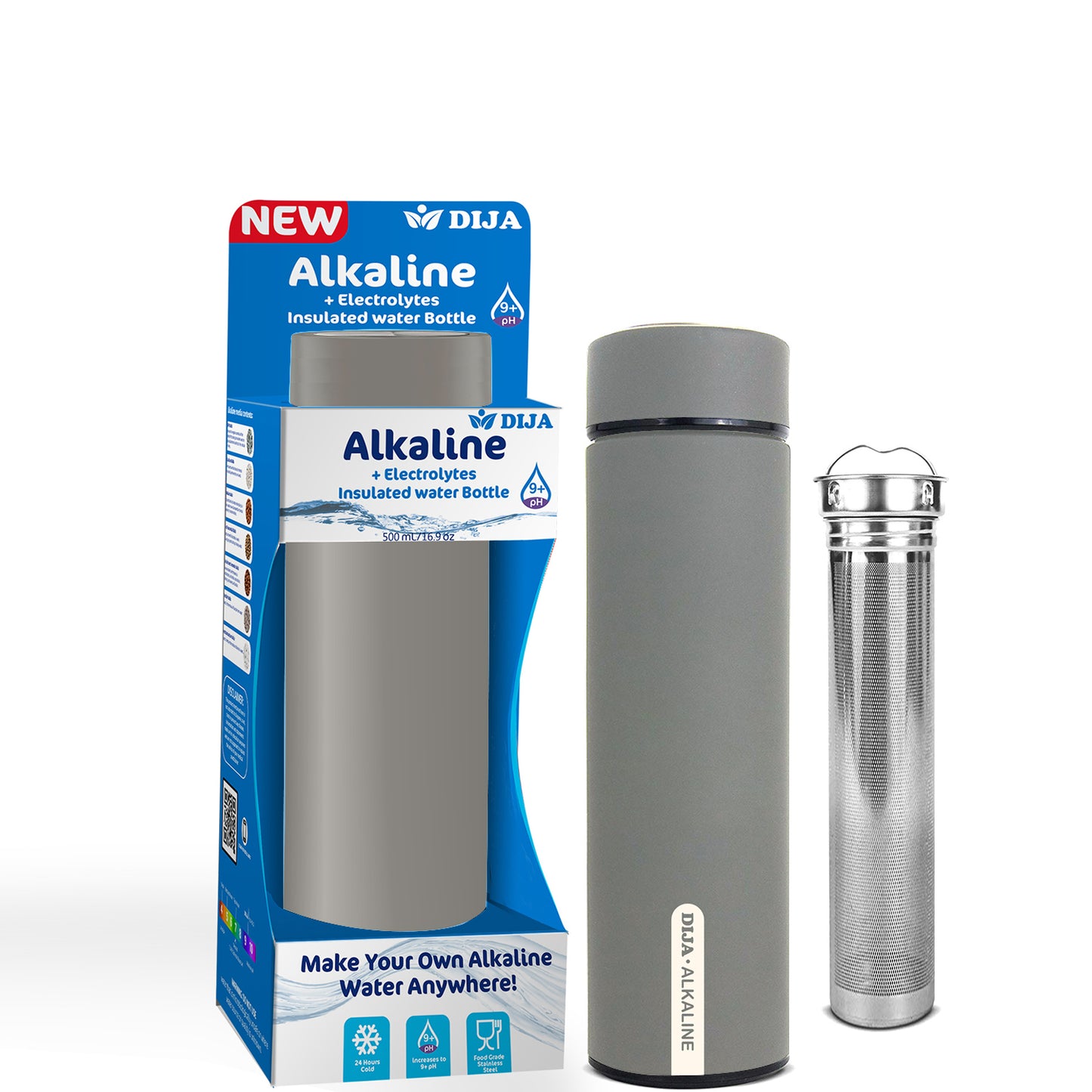 DIJA Alkaline Insulated Water Bottle Includes Filter Improve PH 9+, Keep Cold up to 24 hours, 500ml Stainless Steel Water Bottle