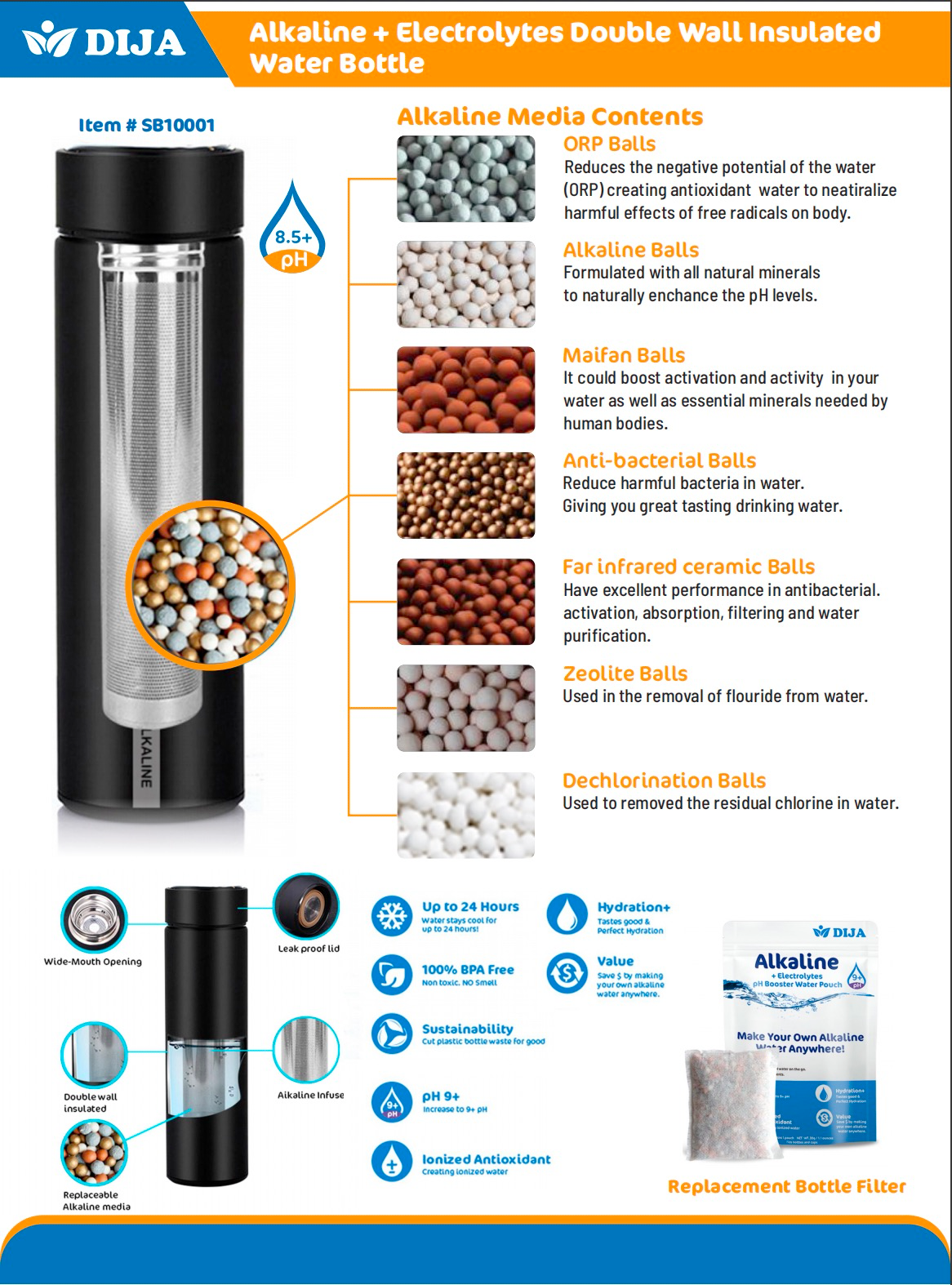 DIJA Alkaline Insulated Water Bottle Includes Filter Improve PH 9+, Keep Cold up to 24 hours, 500ml Stainless Steel Water Bottle